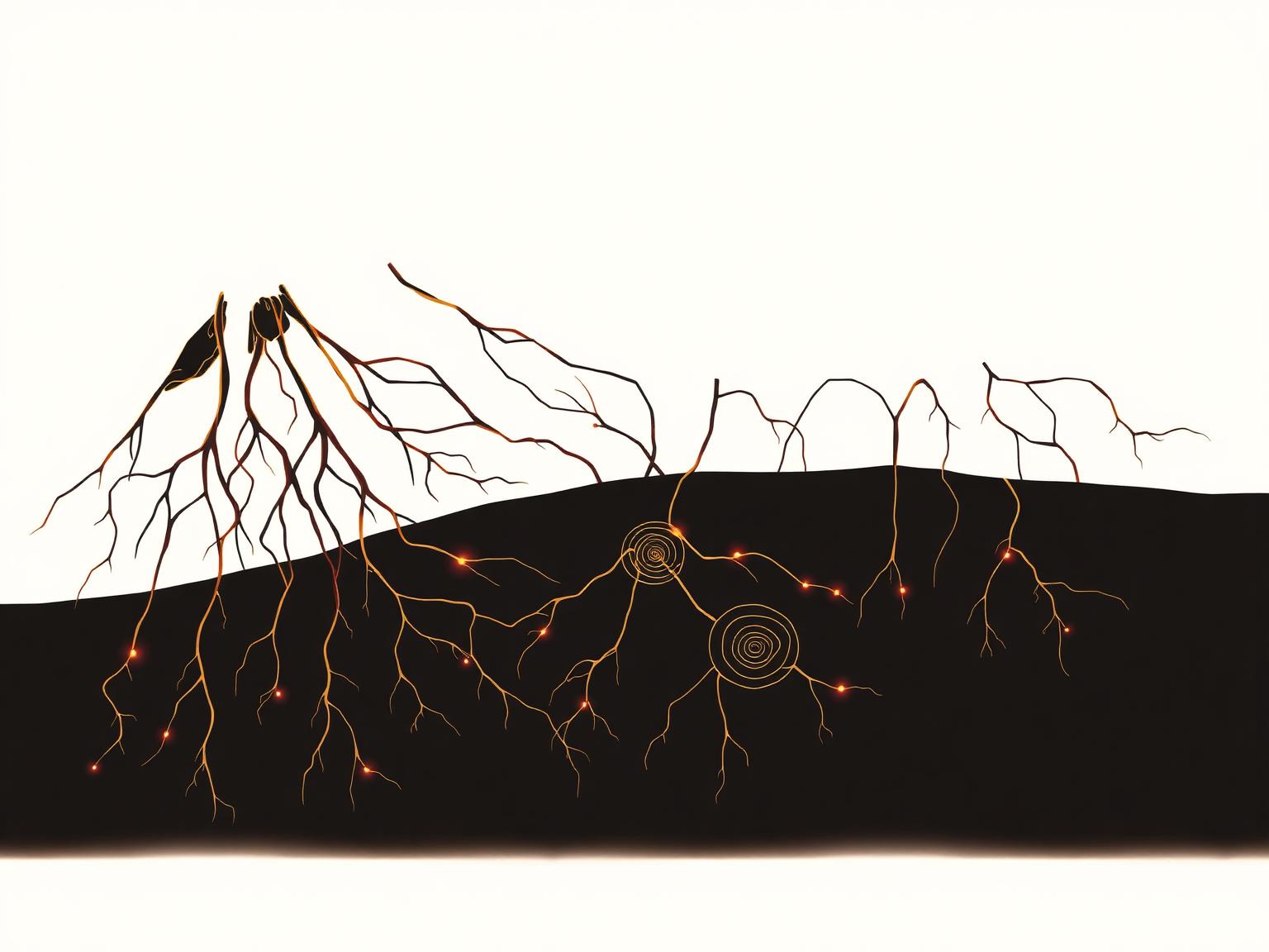 Abstract fine-line artwork of a gold and burgundy root network spreading through dark layered soil, interconnecting at constellation-like nodes, on a warm ivory ground